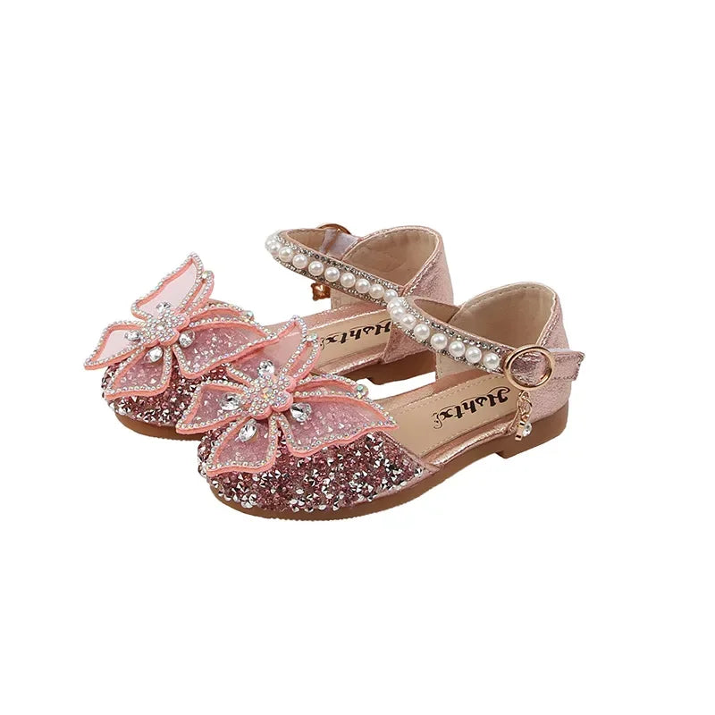 Large Crystal Bow Tie Kids Shoes for Girl Princess Beading Mary Jane Shoes Bling Prom Children Girls Designer Shoes