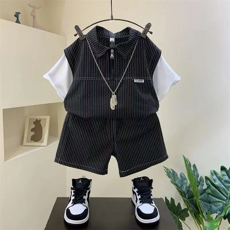 Fashion Summer Striped Half Zipper Cotton Short Sleeve Shirts And Pants 2 Piece Baby Boy Clothes Kids 1-8T Leisure Sport Outfits