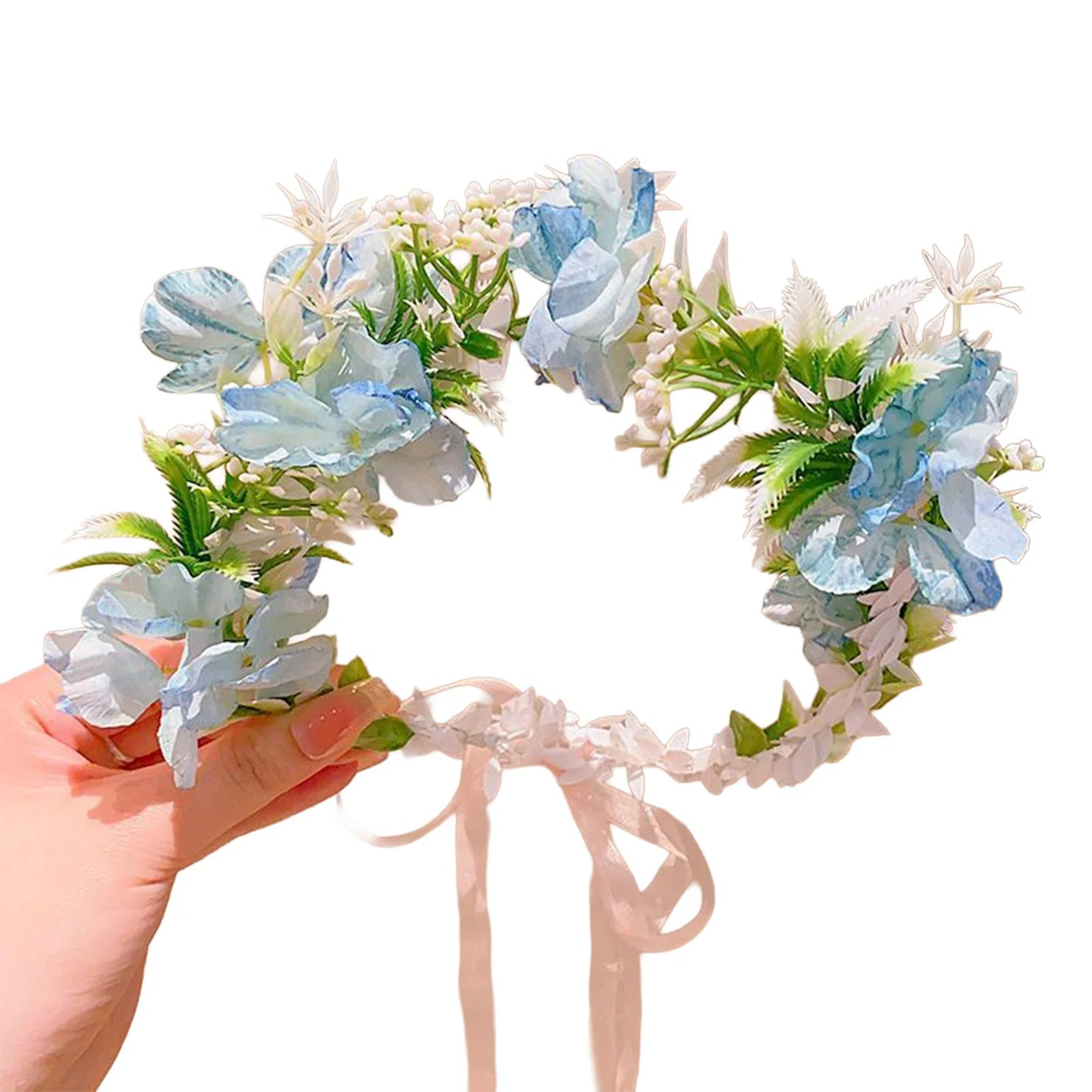Boho Women's Flower Crown Forest Elf Fairy Floral Hair Hoop Handmade Simulation Ribbon Flower Headband Exquisite Hair Accessory