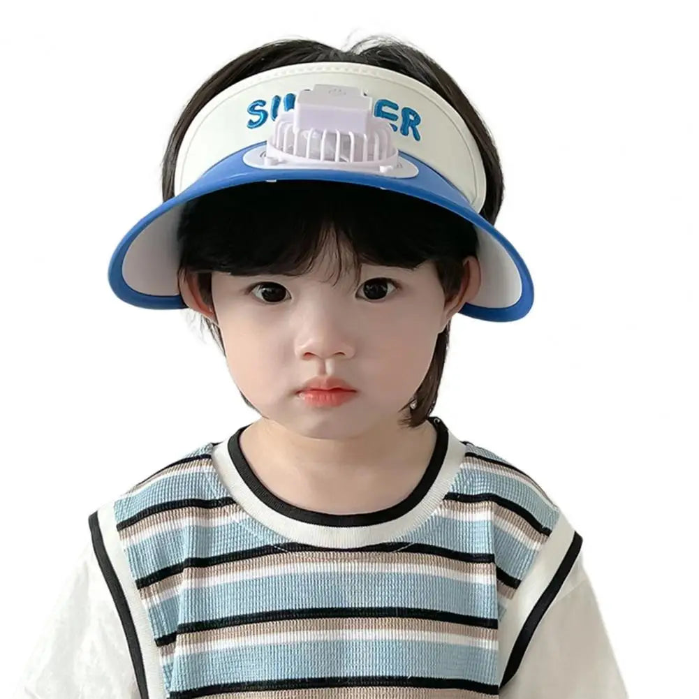 Summer Children Sun Hat with Mini Cooling Fan Empty Top Wide Brim Visor Hat Hiking Travel Sunscreen Hat Girls Boys Outdoor Sun P