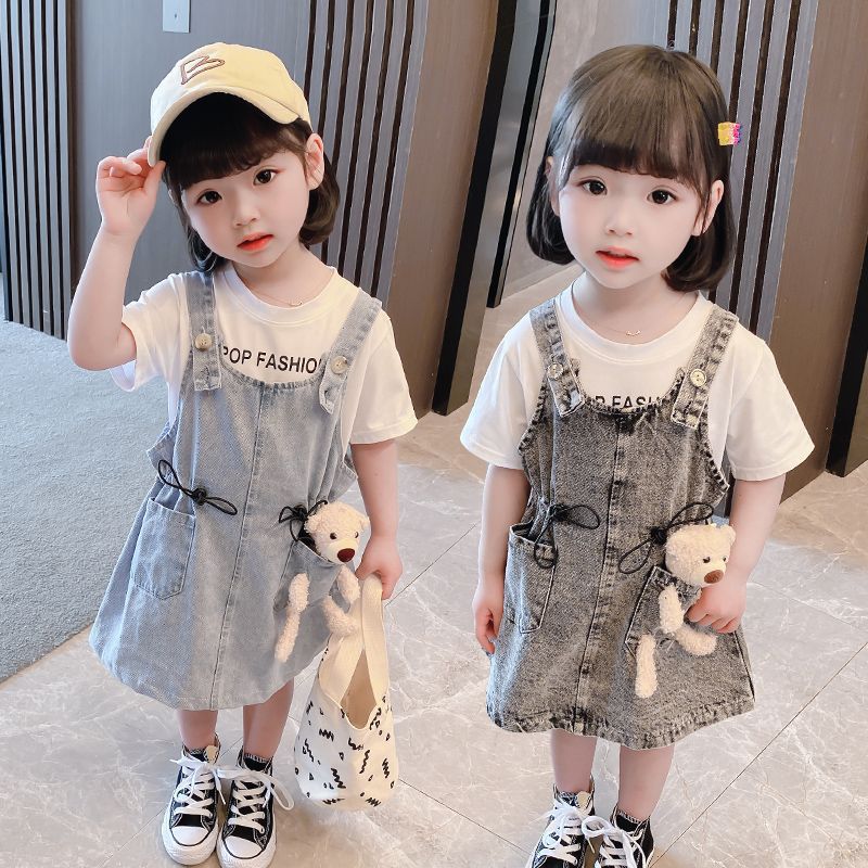 Girls Short Sleeve Top Suspender Dress Clothes Sets Summer Children Cotton T-Shirt Denim Dress 2pcs Outfit Bear (Available)