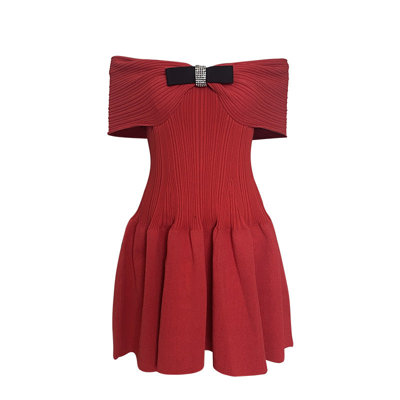 Special-interest Design Bowknot Off-shoulder Waist Trimming Knitted Dress