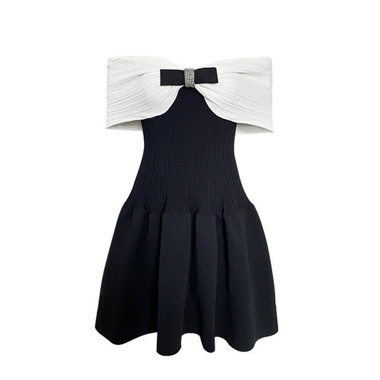 Special-interest Design Bowknot Off-shoulder Waist Trimming Knitted Dress