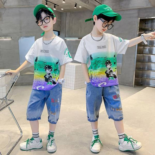 Boys Casual Cartoon Gradient T-shirt jeans Suit Medium And Large Children Two-piece Set (Available)