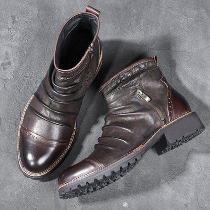 Retro Round Toe PU Leather Side Zipper Martin Chunky Heel Ankle Boots