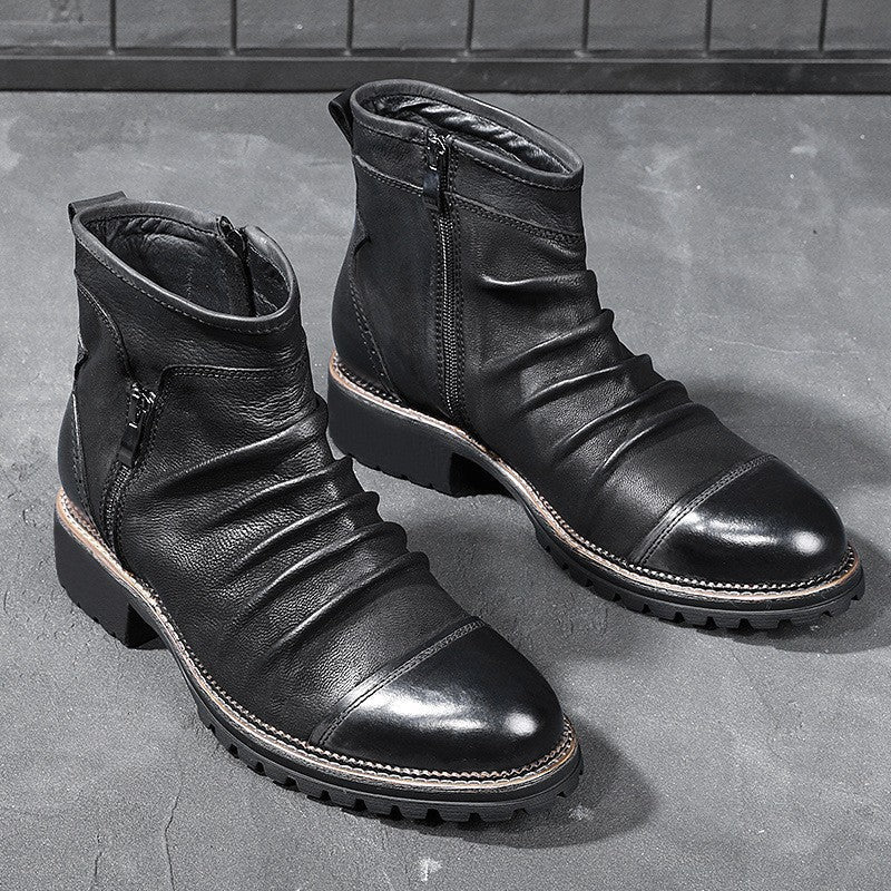 Retro Round Toe PU Leather Side Zipper Martin Chunky Heel Ankle Boots