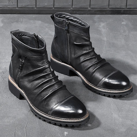 Retro Round Toe PU Leather Side Zipper Martin Chunky Heel Ankle Boots