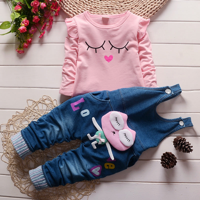 Baby Children's Denim Overalls Pullover Cotton Spring Autumn Long Sleeves T-shirt Pants