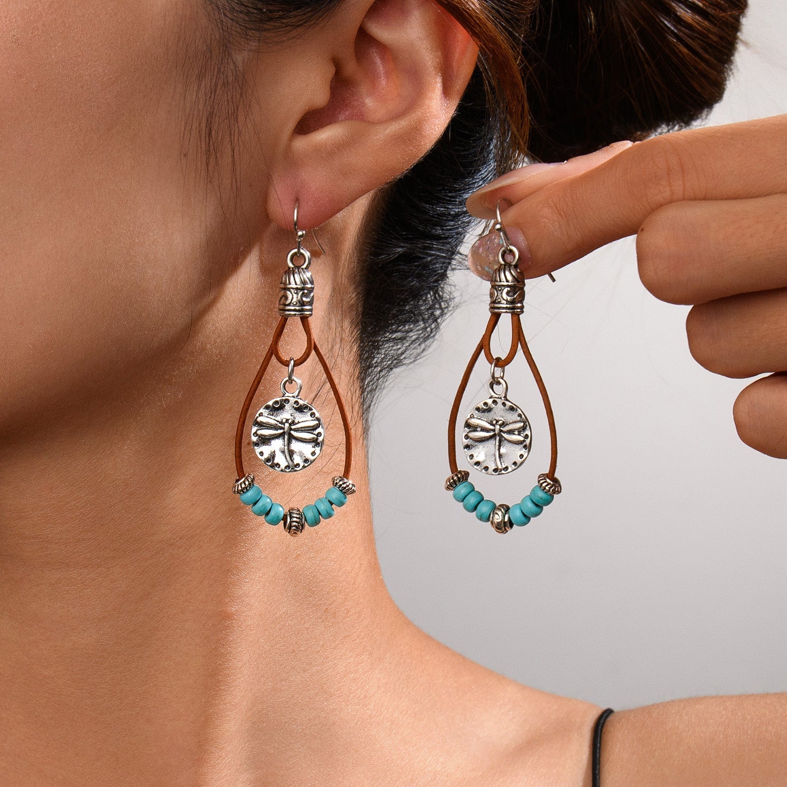 Vintage Earrings Ethnic Style Antique Silver Flower Turquoise Rope Pendant Women's Jewelry
