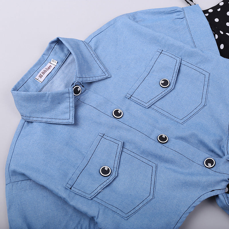 New style Sort-Sleeved Denim Jacket Western Style Polka Dot Suspender Skirt