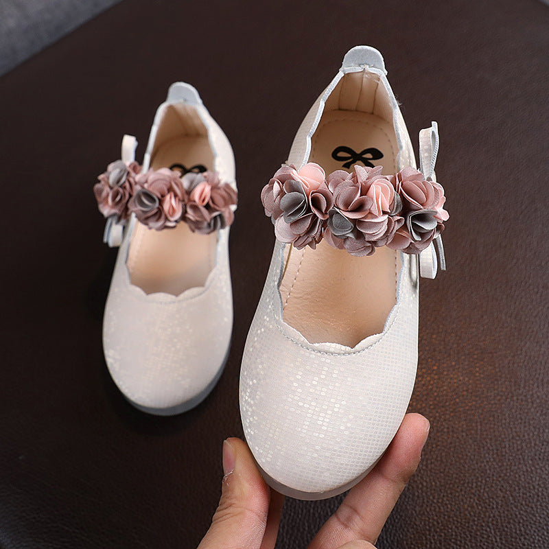 Girls Flower Princess Shoes with flower decoration, bow design, soft rubber sole, and Velcro strap for parties, dance, weddings, and everyday wear