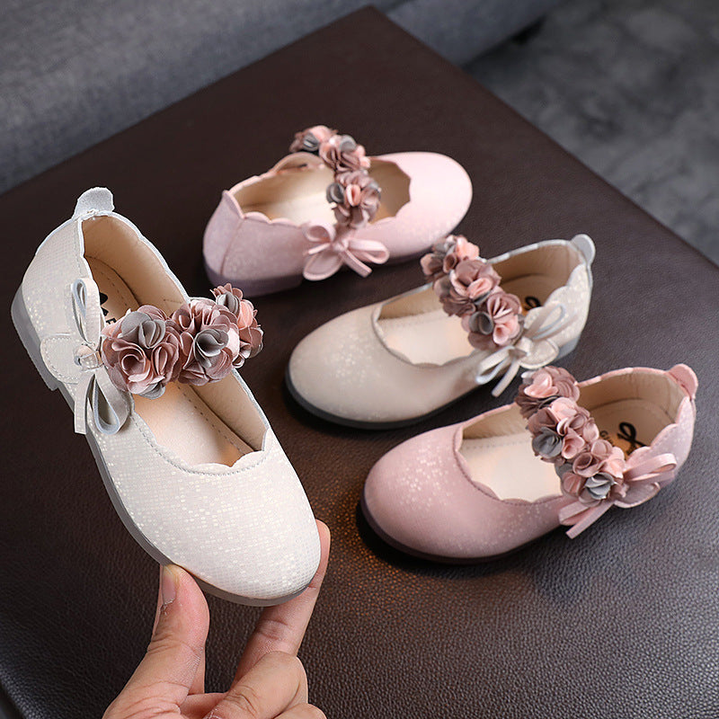 Girls Flower Princess Shoes with flower decoration, bow design, soft rubber sole, and Velcro strap for parties, dance, weddings, and everyday wear