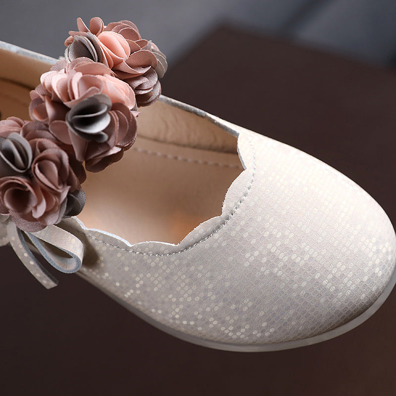 Girls Flower Princess Shoes with flower decoration, bow design, soft rubber sole, and Velcro strap for parties, dance, weddings, and everyday wear
