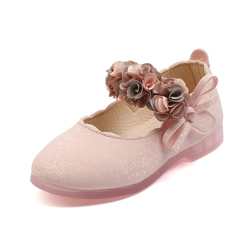 Girls Flower Princess Shoes with flower decoration, bow design, soft rubber sole, and Velcro strap for parties, dance, weddings, and everyday wear