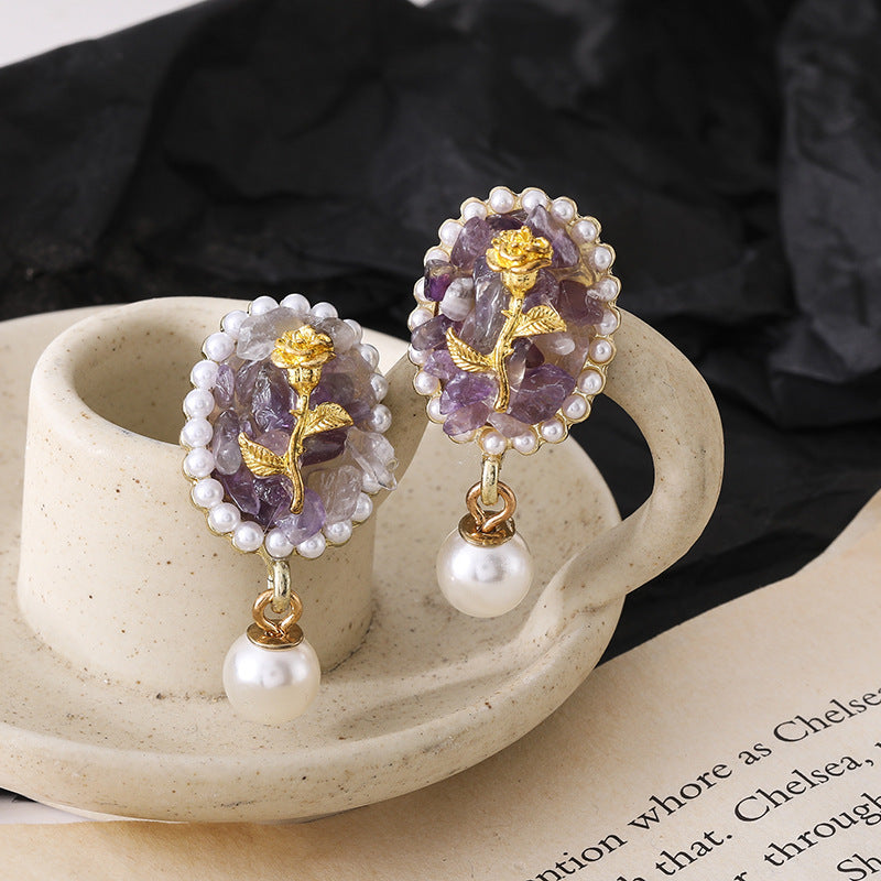 Baroque  Style Purple Stone Rose Stud Earrings