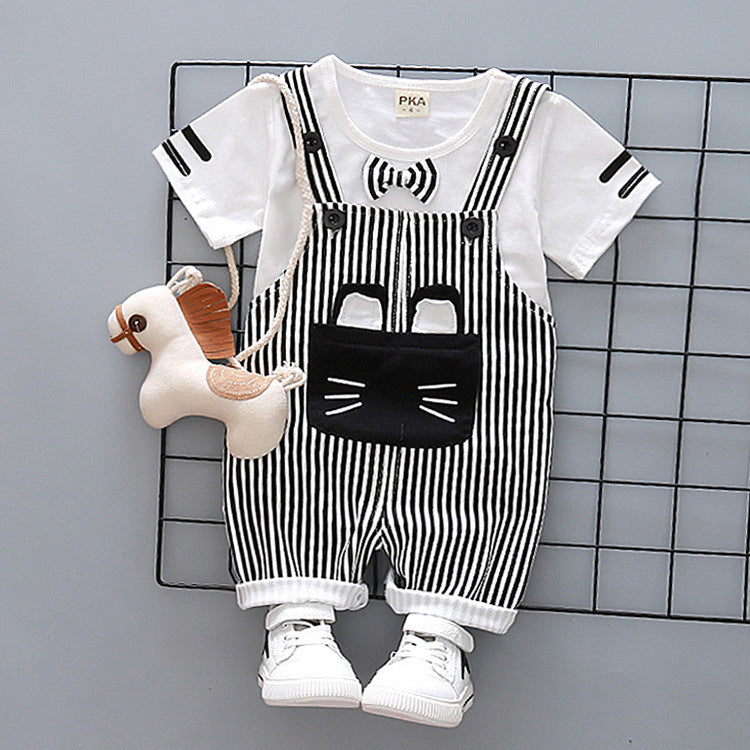 Factory direct handsome children's clothing Korean male baby cartoon strap two-piece suit cotton one generation