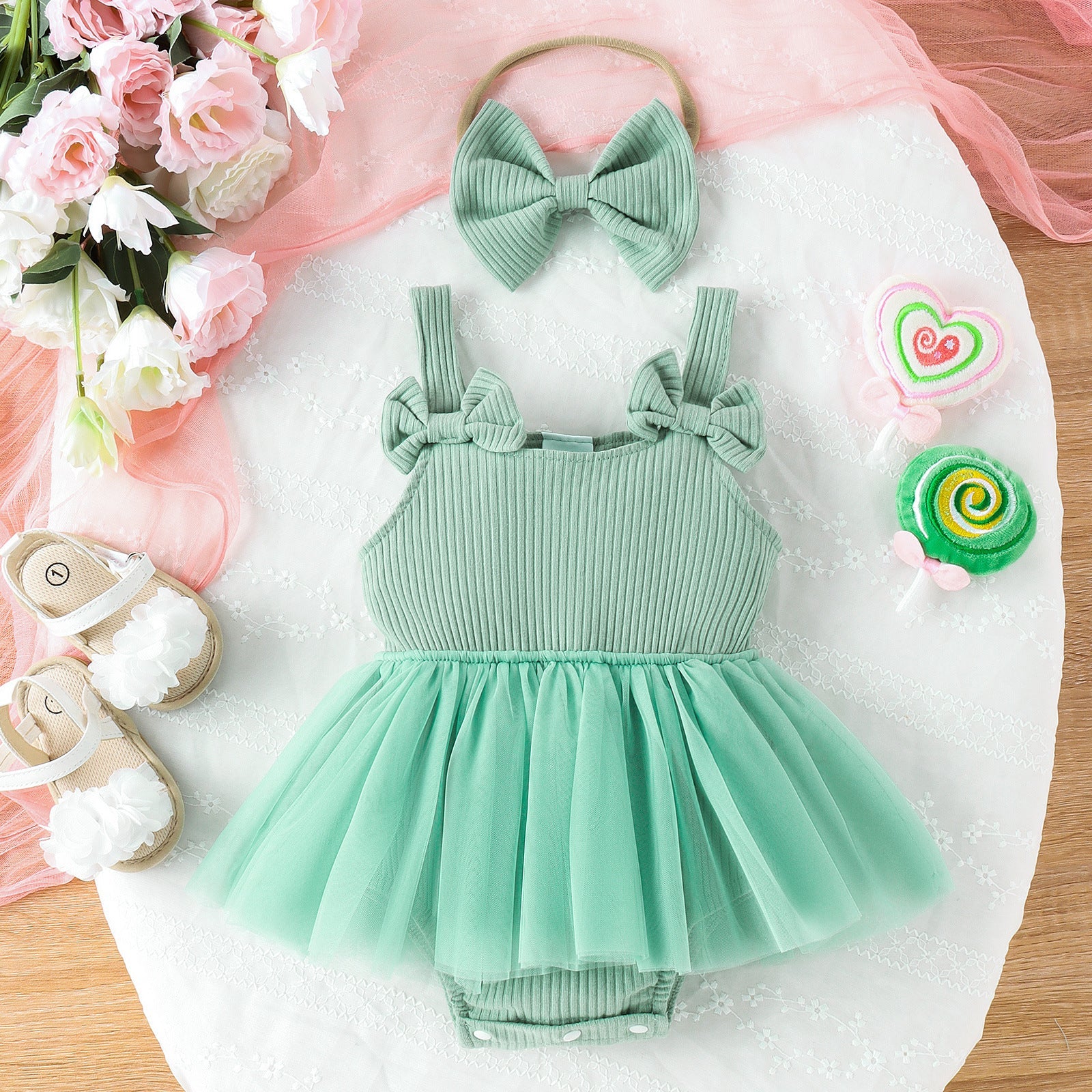 Baby Girl Cotton Romper Dress with matching bow headband