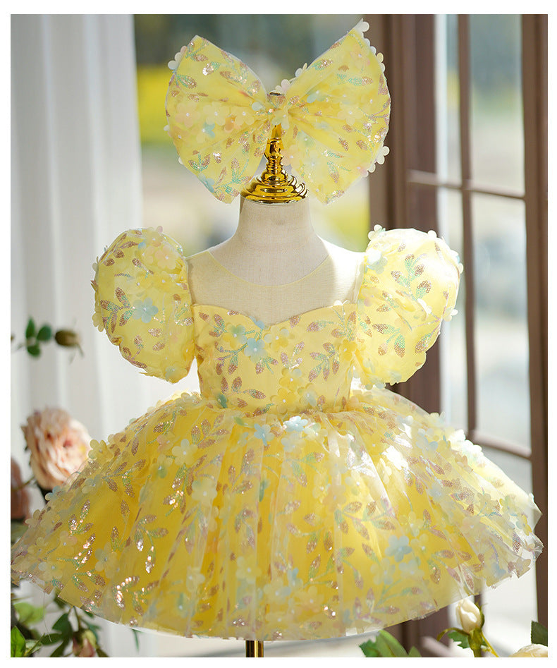 Yellow Puffy Gauze Princess Dress Children's Birthday Catwalk Performance Piano Performance