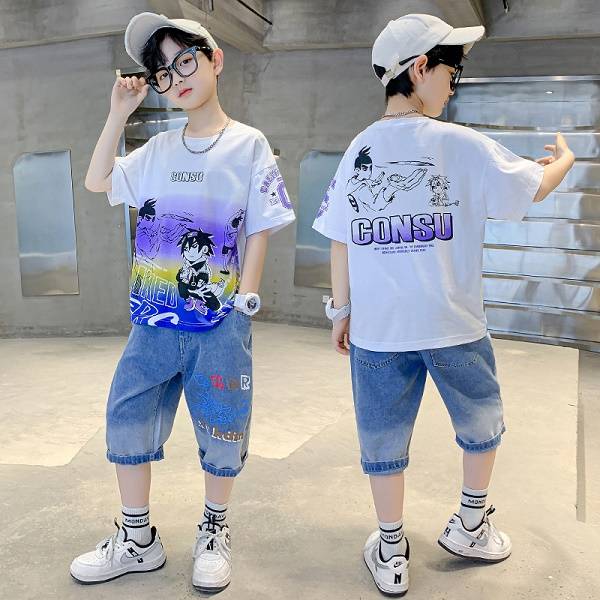 Boys Casual Cartoon Gradient T-shirt jeans Suit Medium And Large Children Two-piece Set  (Available)
