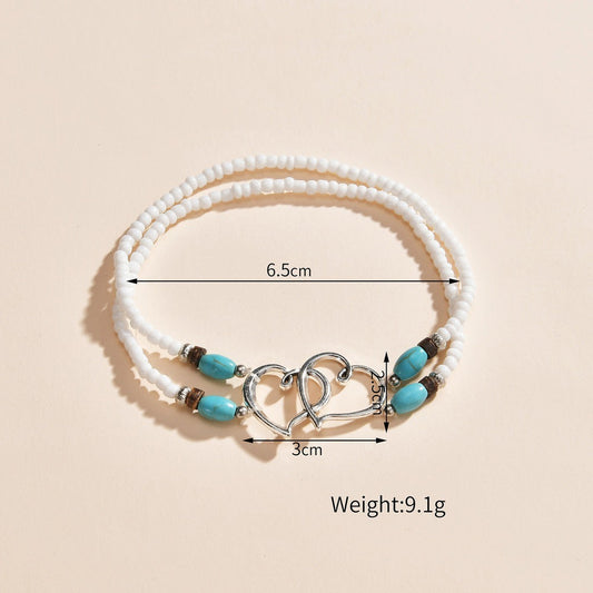 Alloy Double Heart Rice Bead Turquoise Double-layer Elastic Ankle Chain  (Available)