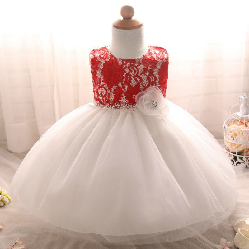 Baby Girls Vintage Lace Dress with elegant lace details, puff sleeves, and princess design for birthdays, full moon ceremonies, weddings, and parties