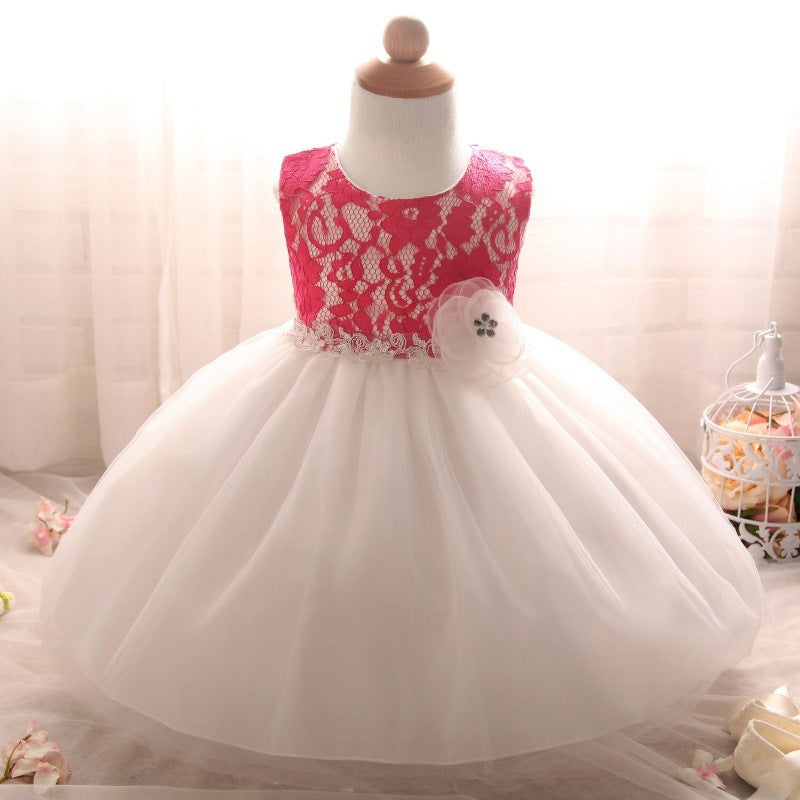 Baby Girls Vintage Lace Dress with elegant lace details, puff sleeves, and princess design for birthdays, full moon ceremonies, weddings, and parties