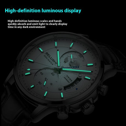 Business Three-eye Timing Leather Luminous Watch Steel Band