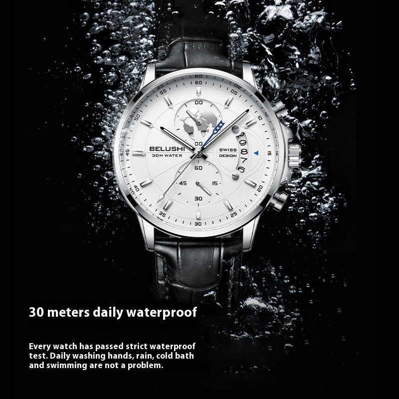 Business Three-eye Timing Leather Luminous Watch Steel Band