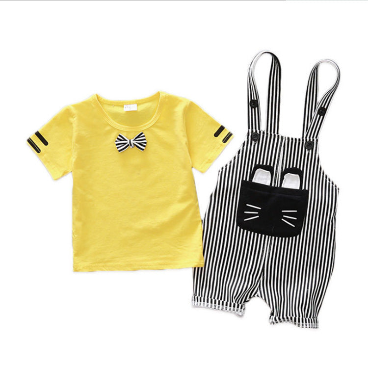 Factory direct handsome children's clothing Korean male baby cartoon strap two-piece suit cotton one generation