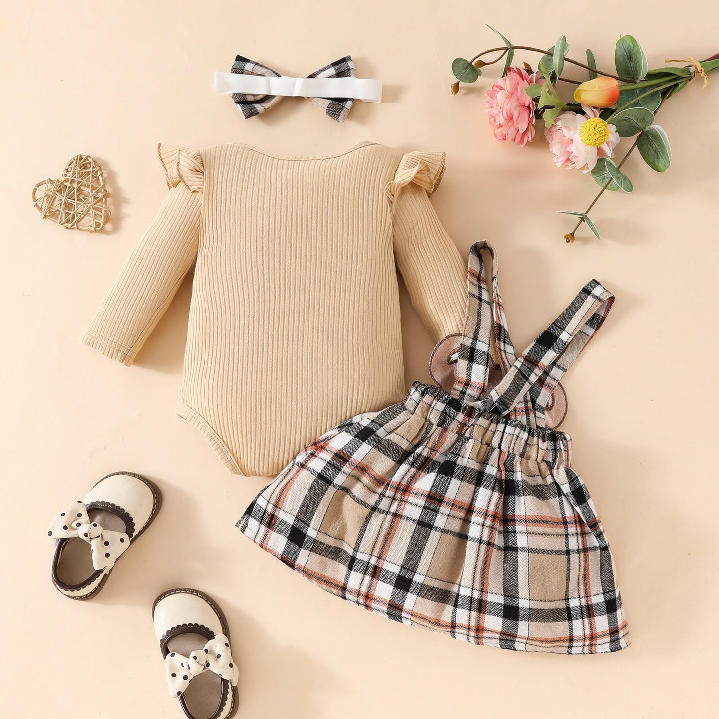 Girls' Fashion Minimalist Long Sleeve Triangle Rompers Bow Plaid Bear Doll Suspender Dress Hair Band Set  (Available)