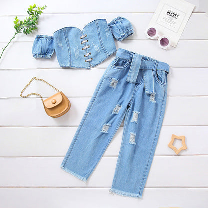 Girls' Off-shoulder Short Sleeve Lace-up Tube Top Denim Ripped Trousers Belt Suit (Available)