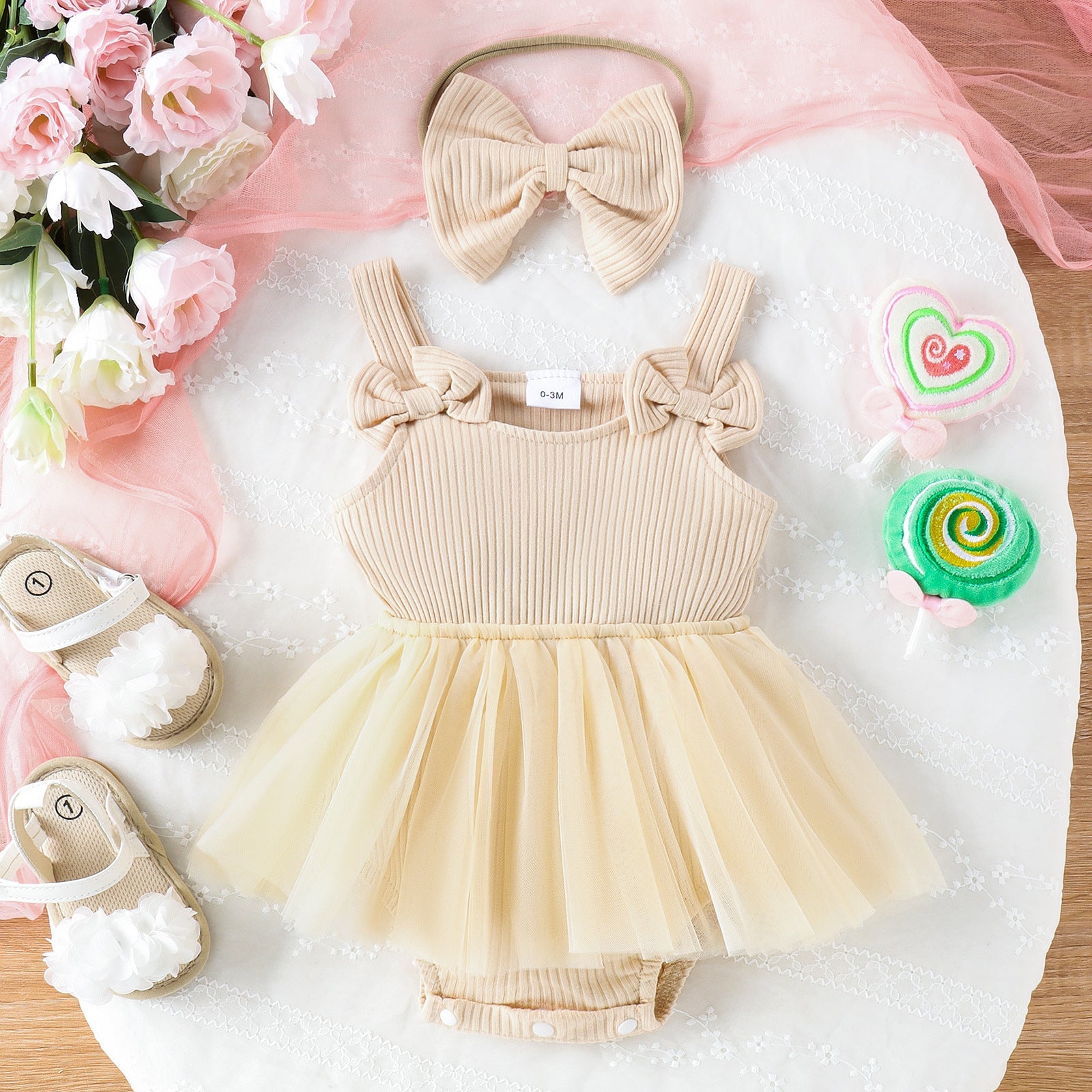 Baby Girl Cotton Romper Dress with matching bow headband