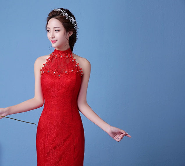 Big Red Wedding Dress Bride Large Size Waist Fishtail Wedding Dress Fishtail Tail Korean Hanging Neck