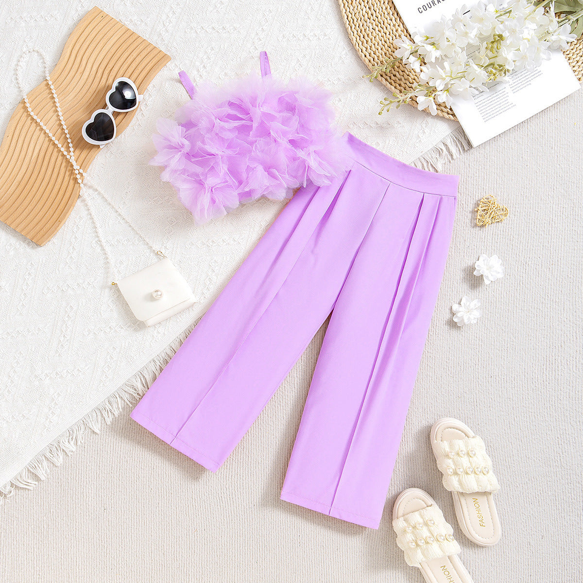 Mesh Three-dimensional Flower Sling Top Slim Fit Suit Pants Suit  (Available)