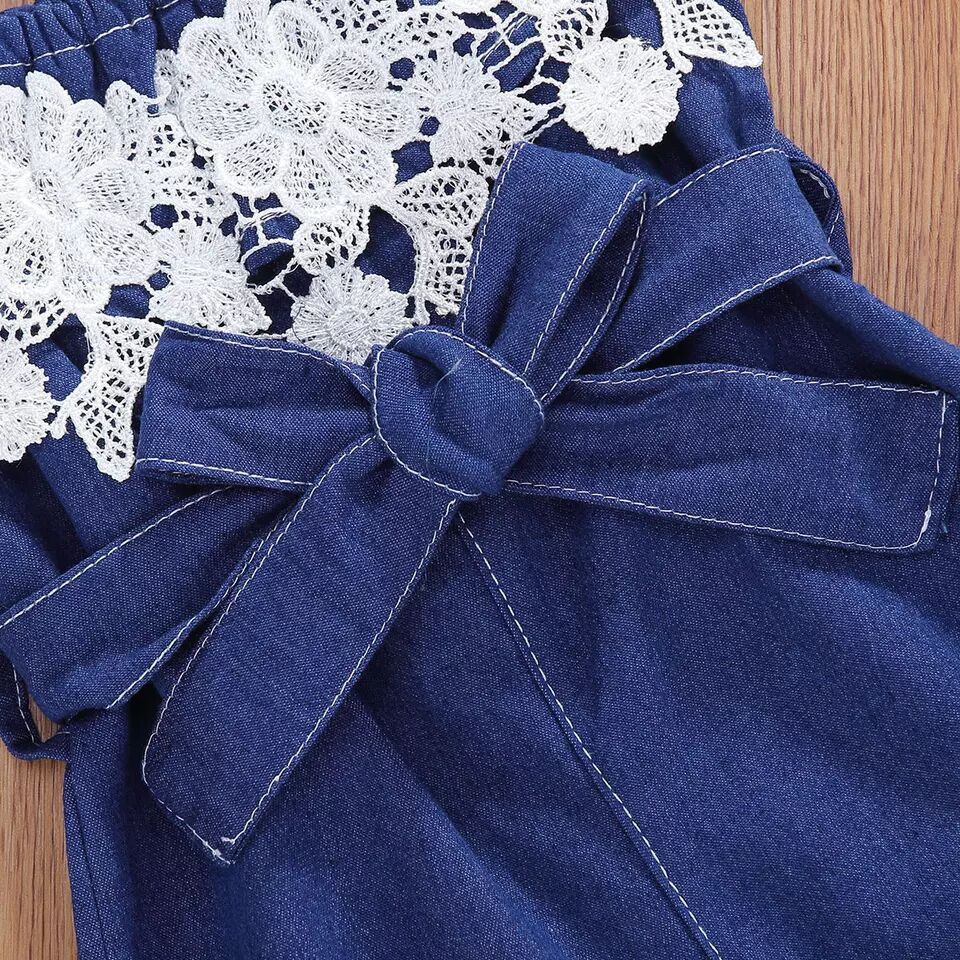 Off-the-shoulder Jumpsuit Girls Ruffled Blue Denim Romper