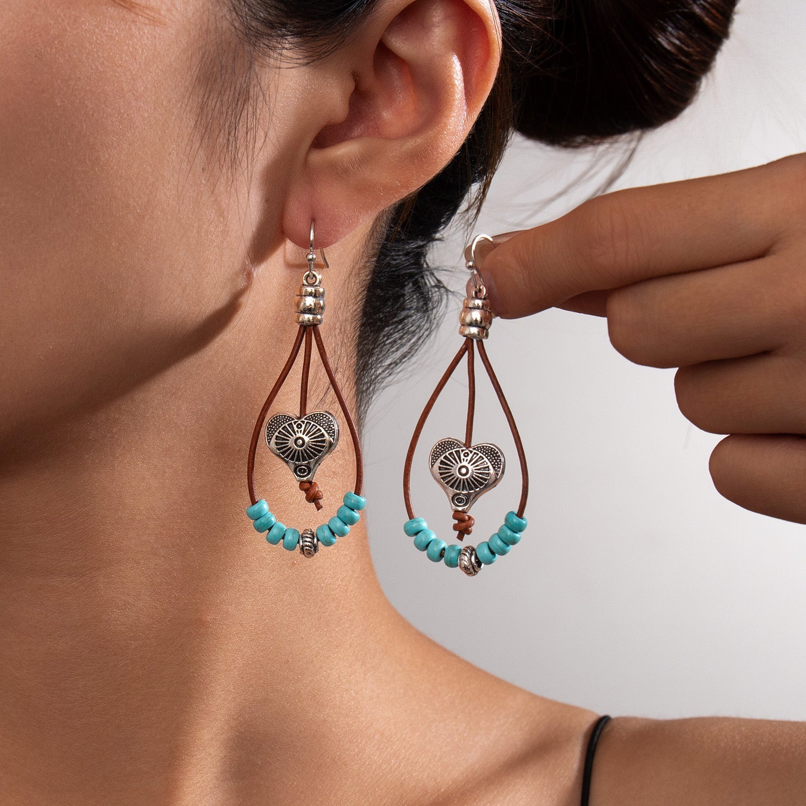 Vintage Earrings Ethnic Style Antique Silver Flower Turquoise Rope Pendant Women's Jewelry