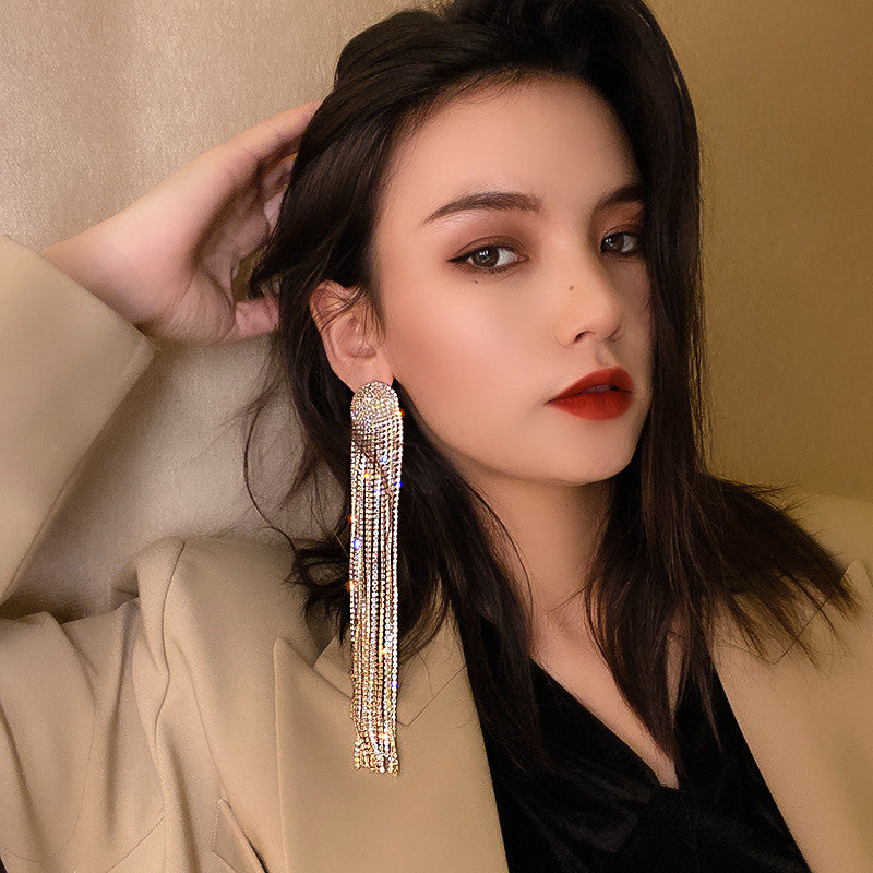 Exaggerated Personality Silver Full Diamond Super Long Tassel Ear Jewelry Women