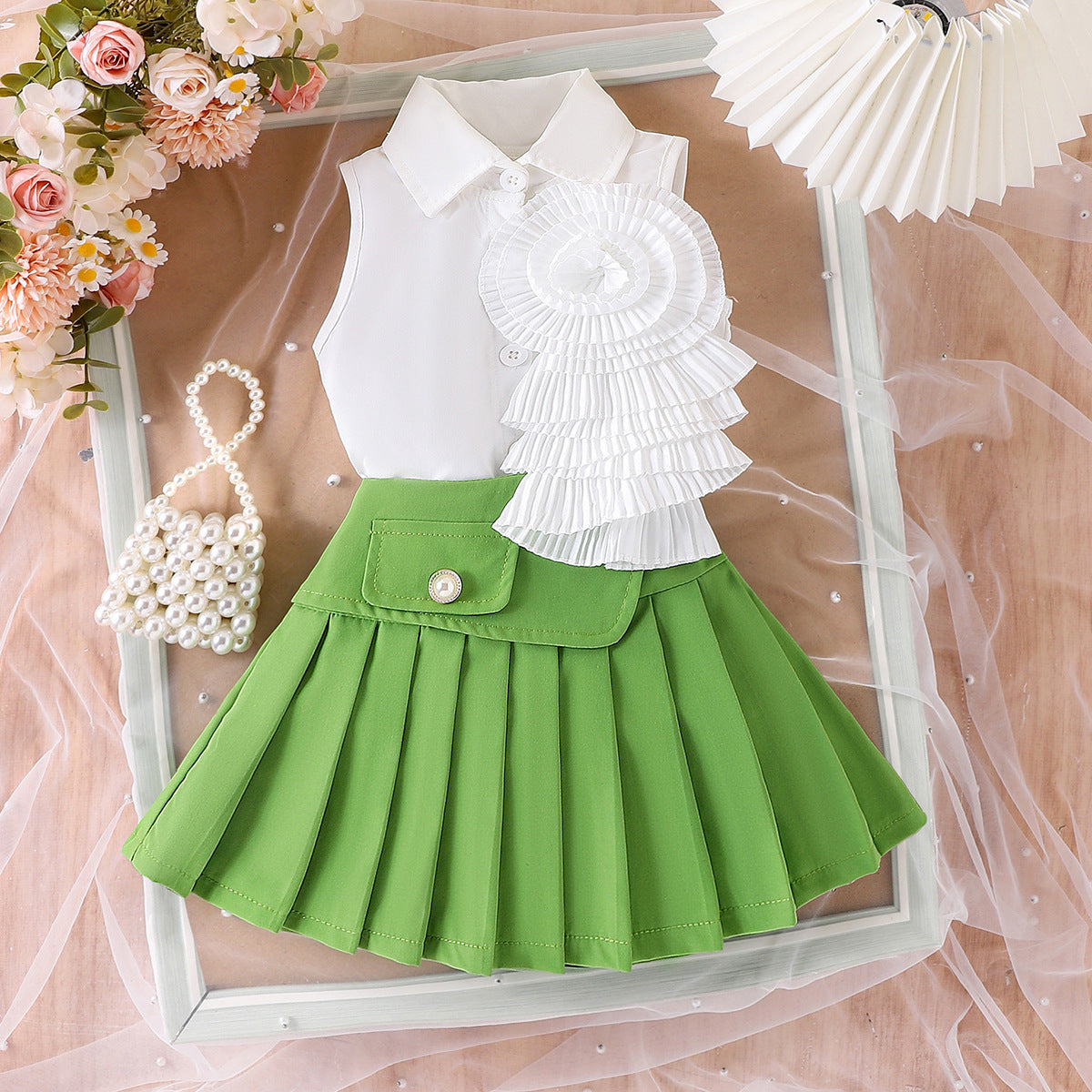 Girl's White Sleeveless Shirt With Rose Red Pleated Skirt Set (Available)