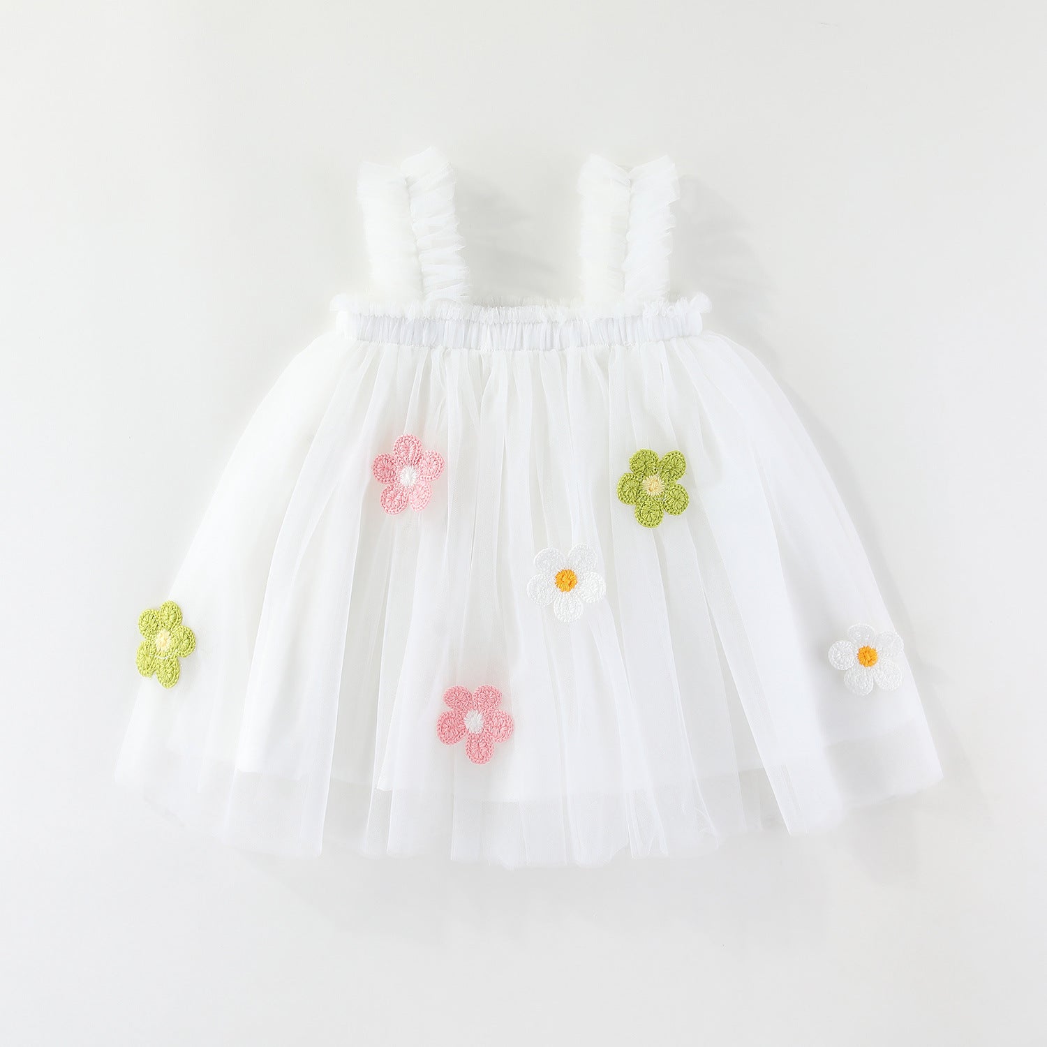 Girls Spaghetti Straps Chest Wrap Flower Embroidery Mesh Dress