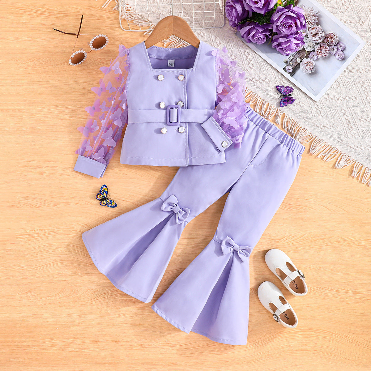 Girls' Mesh Sleeve Top Bell-bottom Pants Suit[Available]
