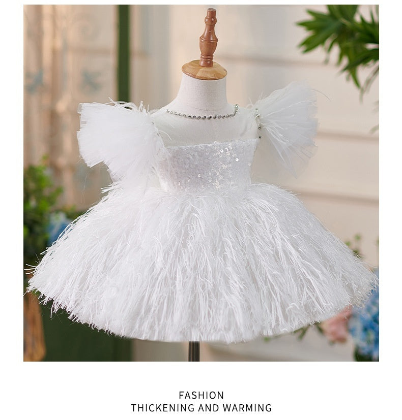 Girls Sequins White Flying Sleeves Feather Dress