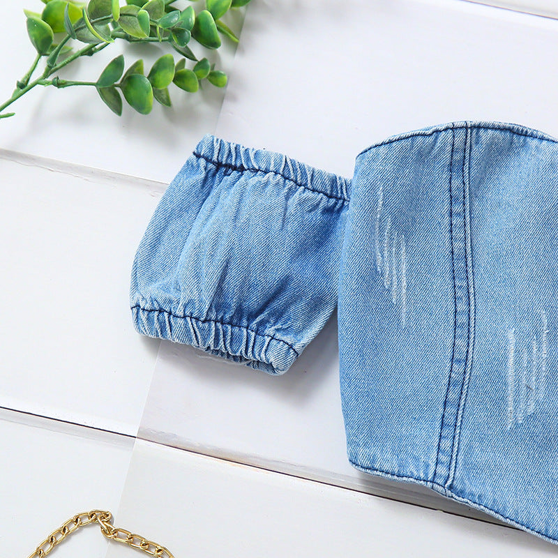 Girls' Off-shoulder Short Sleeve Lace-up Tube Top Denim Ripped Trousers Belt Suit (Available)