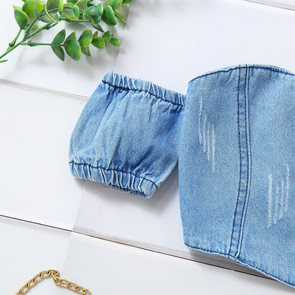 Girls' Off-shoulder Short Sleeve Lace-up Tube Top Denim Ripped Trousers Belt Suit (Available)
