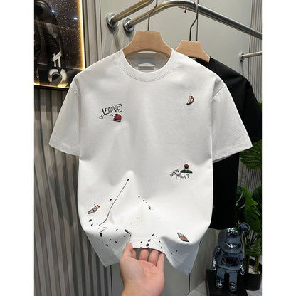 Men's Clothing New Korean Fashion Embroidered T-shirt Short-sleeved Bottoming Shirt 2024 Summer New Versatile Round Neck Top