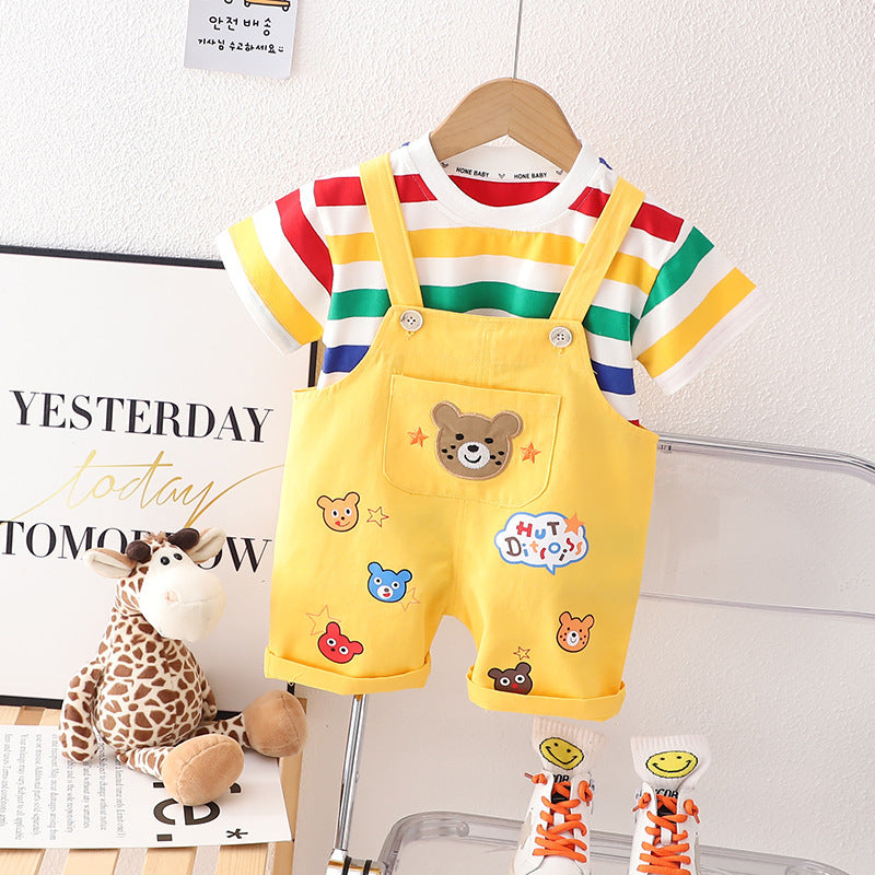 Boys' Summer Casual Suspender Trousers Short Sleeve Suit