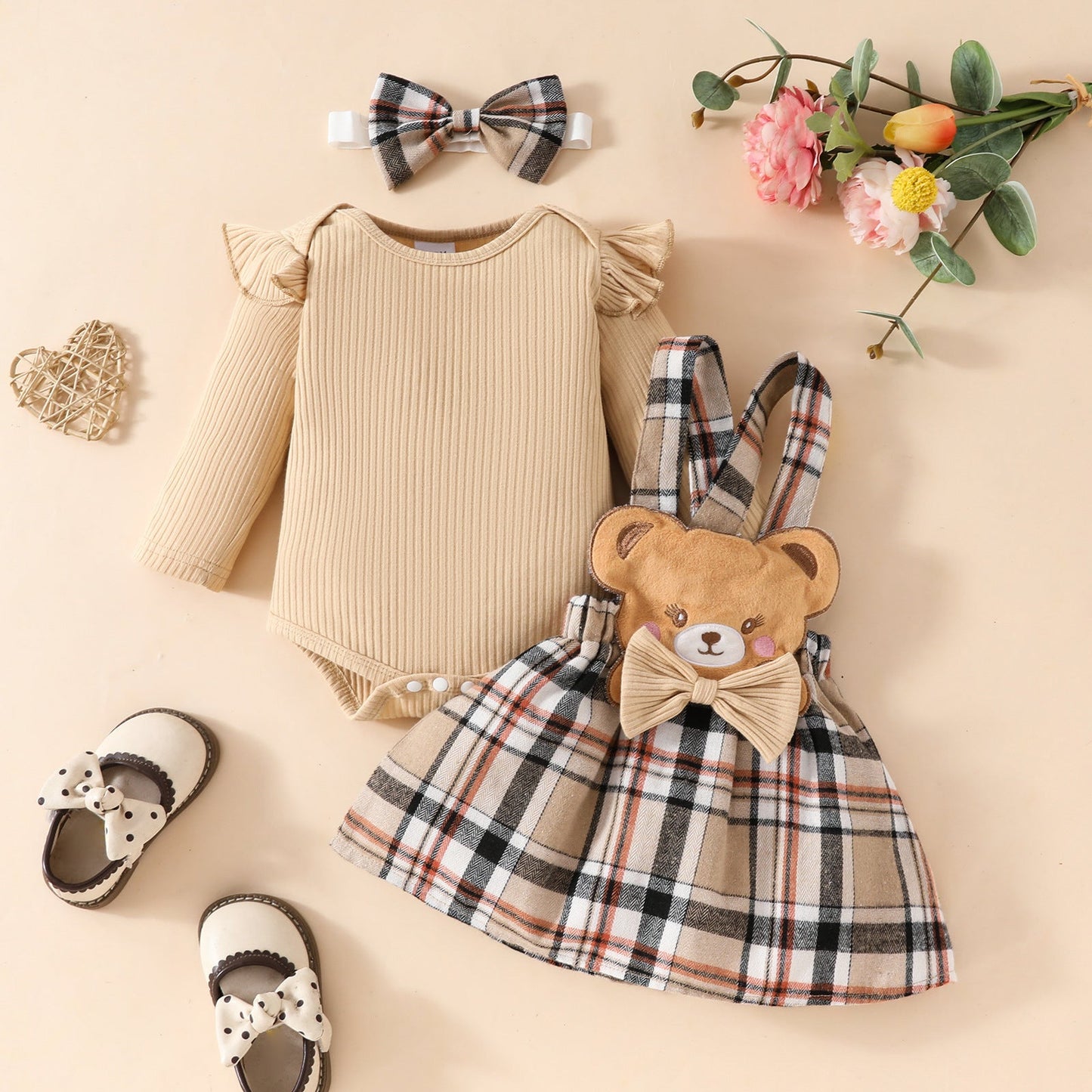 Girls' Fashion Minimalist Long Sleeve Triangle Rompers Bow Plaid Bear Doll Suspender Dress Hair Band Set  (Available)