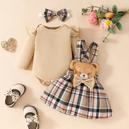 Girls' Fashion Minimalist Long Sleeve Triangle Rompers Bow Plaid Bear Doll Suspender Dress Hair Band Set  (Available)