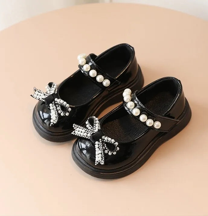 Kids Fashion Pearl Bow Knot PU Leather Princess Shoes for Girls Butterfly Baby Shoes