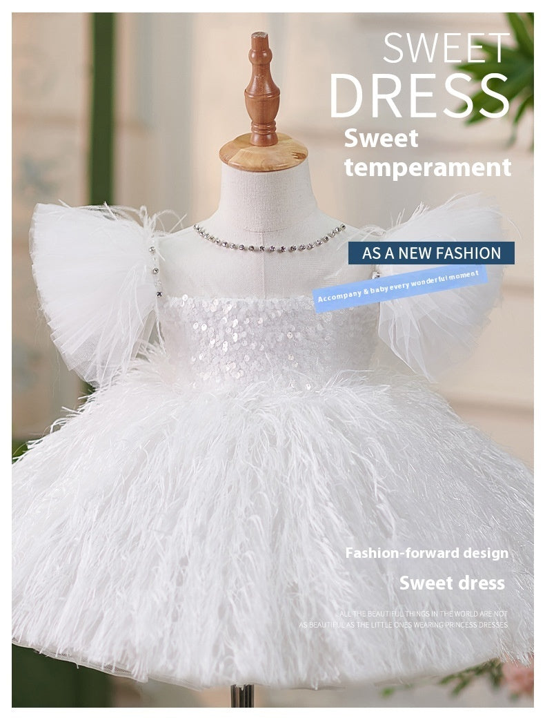 Girls Sequins White Flying Sleeves Feather Dress