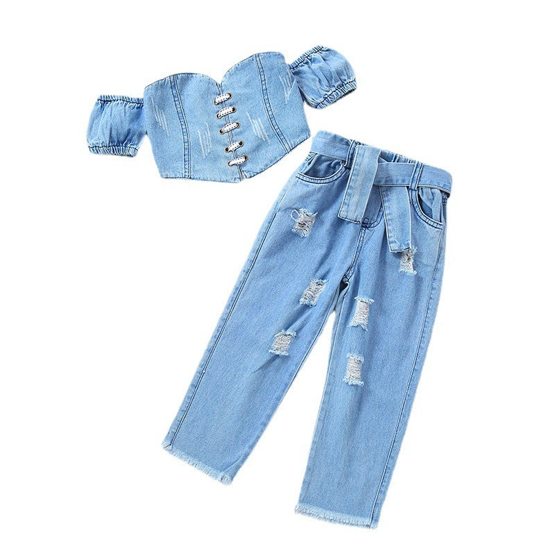 Girls' Off-shoulder Short Sleeve Lace-up Tube Top Denim Ripped Trousers Belt Suit (Available)